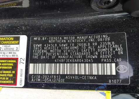 2010 Toyota Camry Le z USA, uszkodzony, nr VIN 4T4BF3EK6AR043045